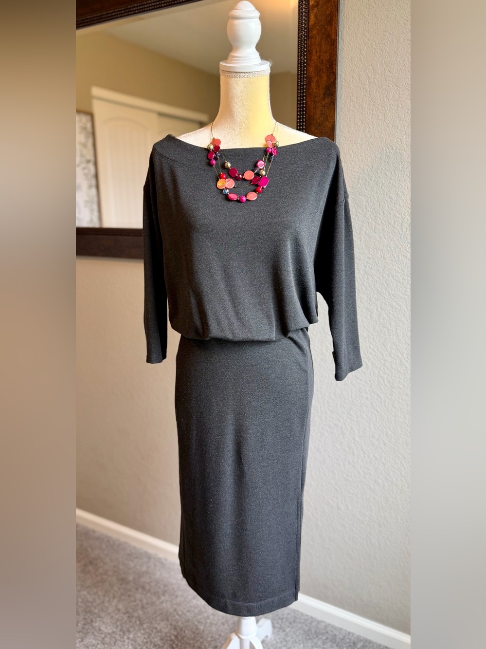Anthropologie Charcoal Gray Boatneck Blouson Midi Dress